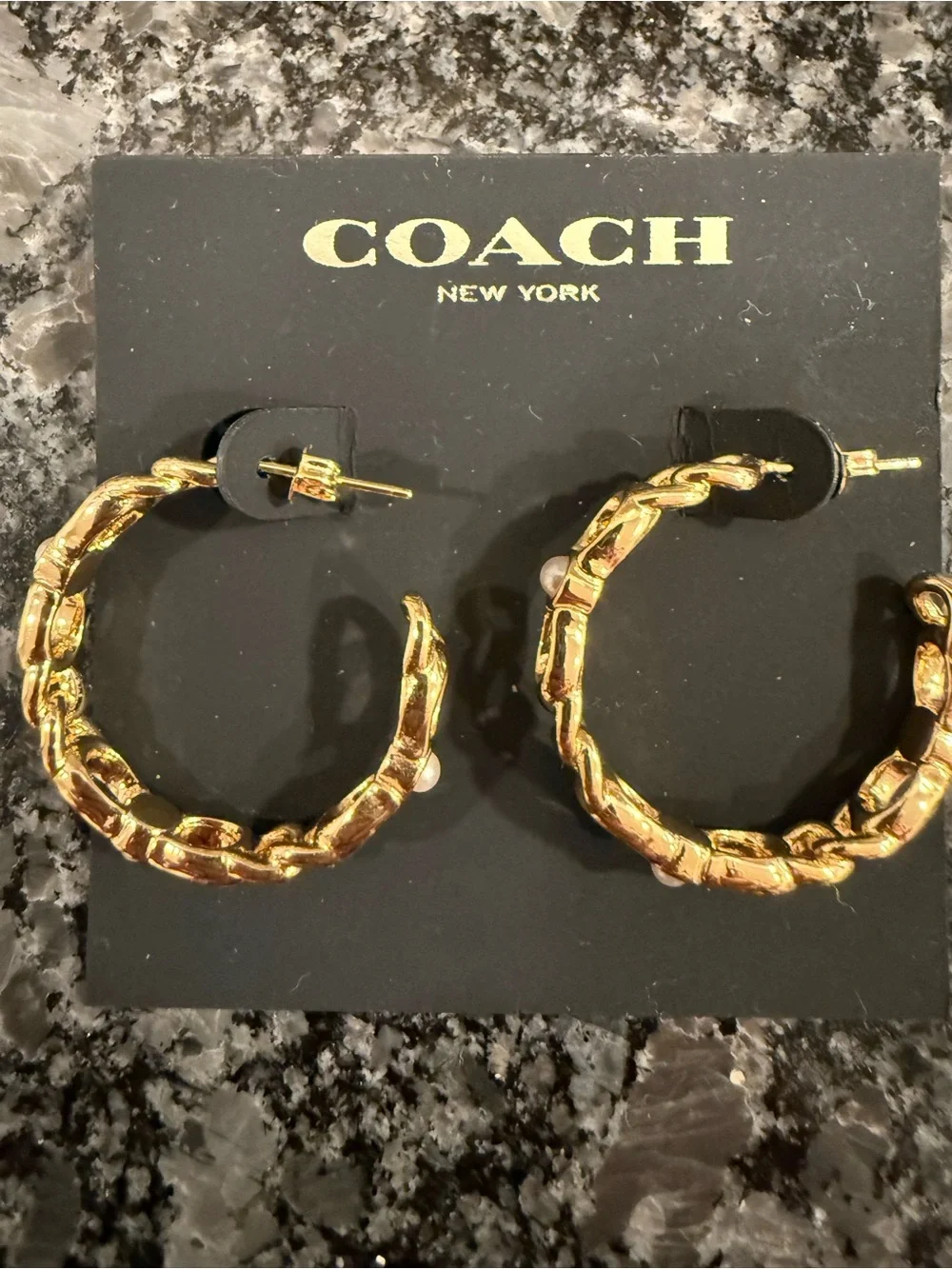 Coach Style Gold Braided Hoop with Pearl Style accent and “C” s Earrings - Picture 2 of 11
